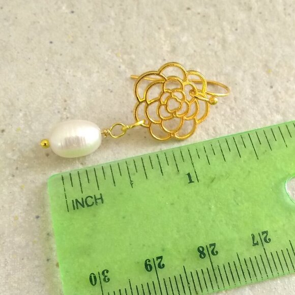 Bougie & Boho! Golden Floral & Genuine Pearl Earrings - Soft Feminine Essence - Picture 4 of 8
